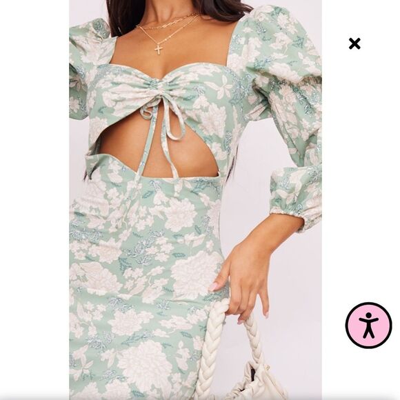 PrettyLittleThing Petite Sage Floral Print Cut Out Mini Dress Size 12 - Picture 2 of 10